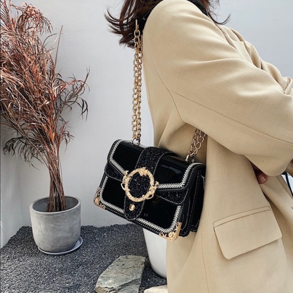 Graphite Chain Glitter Leather Shoulder Bag / Crossbody Bag (Black) - Picture 3 of 7